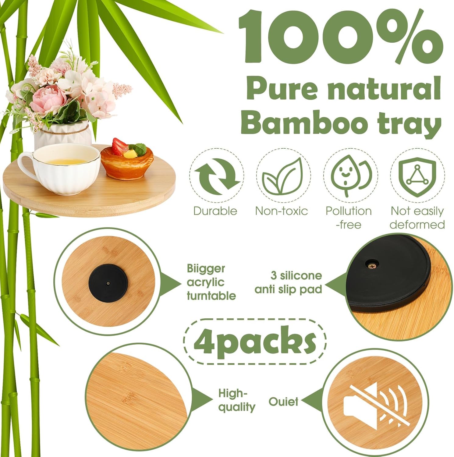 4 Pcs Bamboo Lazy Susan Organizer